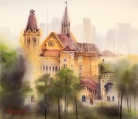 Sarfraz Musawir, Frere Hall Karachi, 13 x 15 Inch, Watercolor on Paper, Cityscape Painting, AC-SAR-162